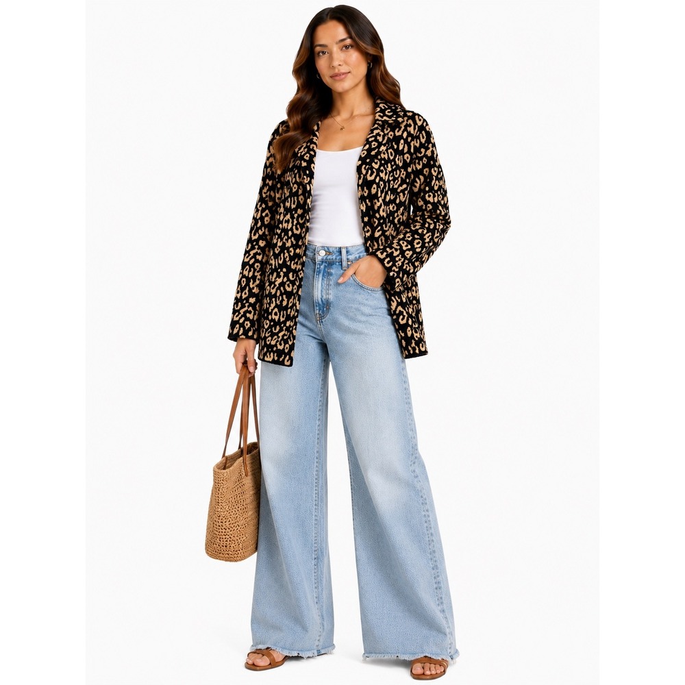 Kasper Cardigan Sweater Womens 1X Black Tan Leopard Print Double Breasted Knit